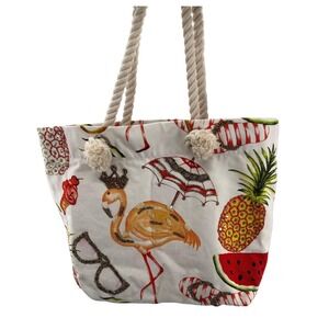 Tropical Flamingo Pineapple Beaded Canvas Tote Bag Summer Beach Rope Handles